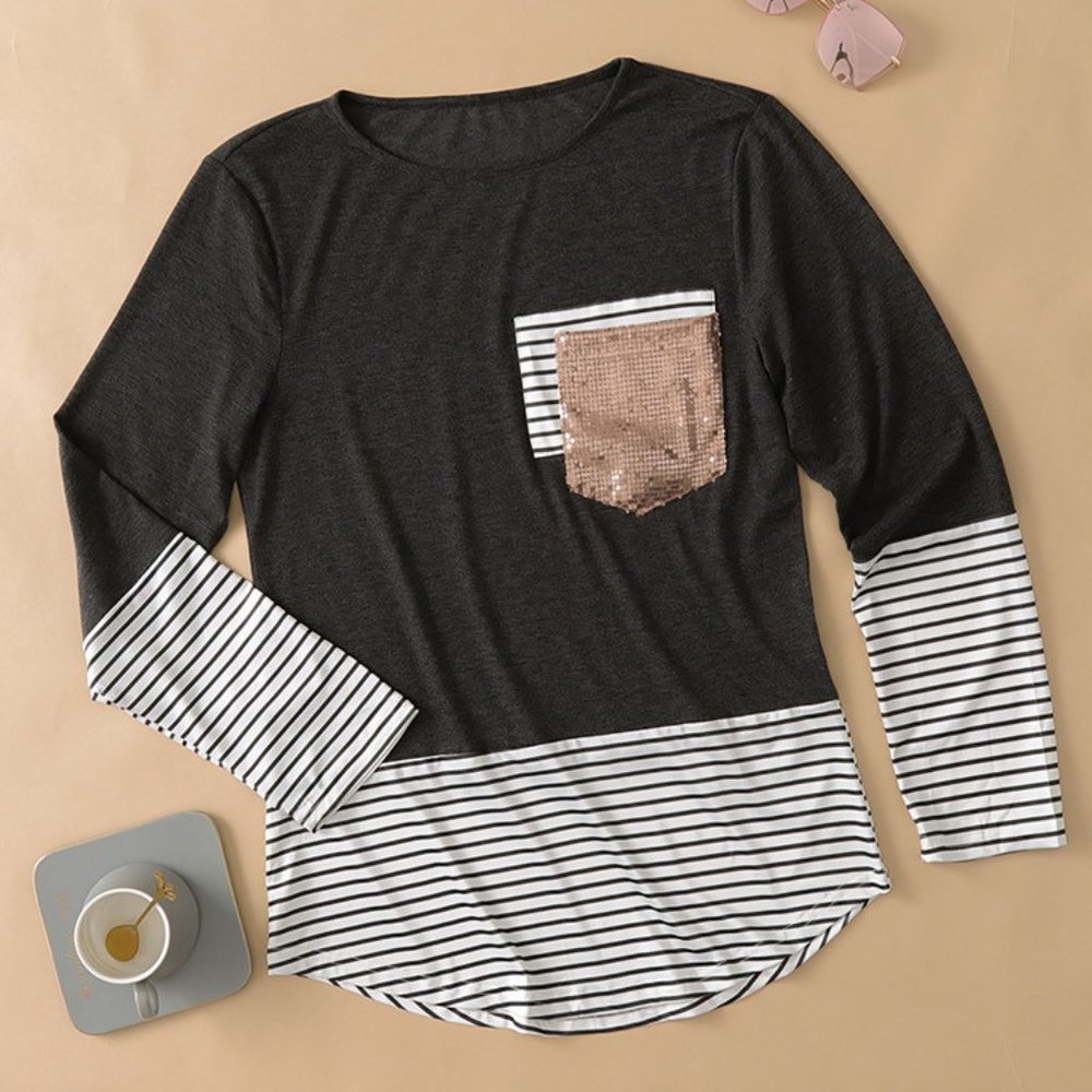 Striped Colorblock Sequin Pocket Shirt - Picture 5 of 11